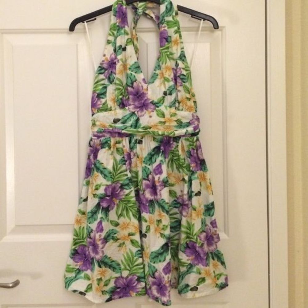 ASOS Tropical Floral Halter Dress Women 4 Purple Hibiscus Green Palm V-Neck Mini